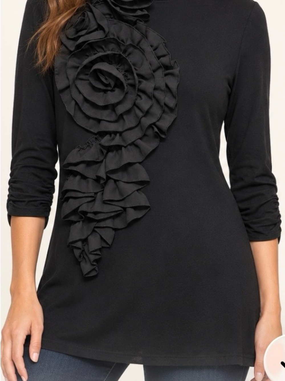 Gracia Black Long-Sleeve Ruffle Front Tunic Top
